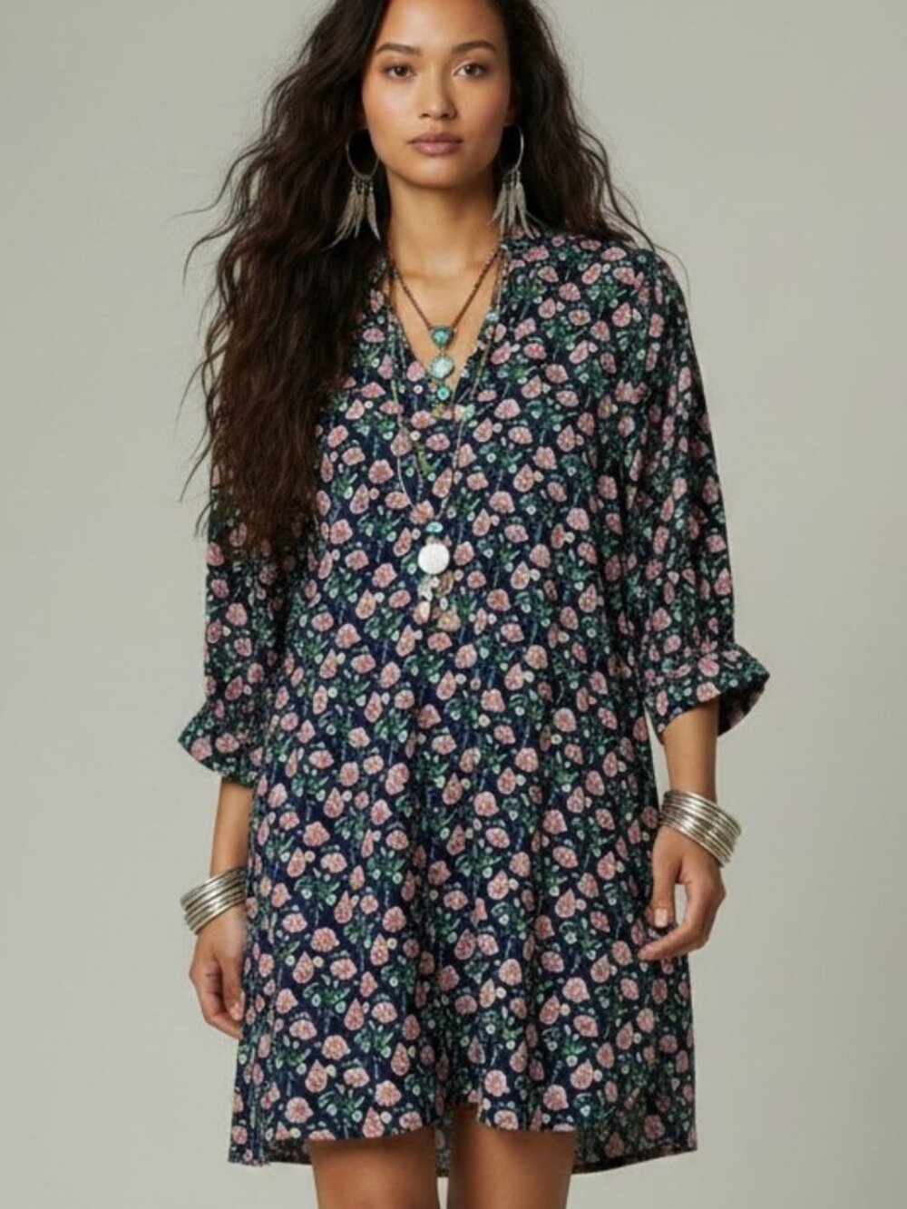 THML Floral Print Cotton Shirtdress V-neck Pullover Boho/Cottagecore/Floral - M